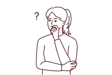 Pensive young woman feeling confused thinking of problem solution. Thoughtful girl frustrated and distressed making decision or plan. Vector illustration. 