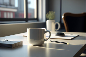 Fototapeta na wymiar A white cup on the table home office surrounding bright 4K created by AI technology