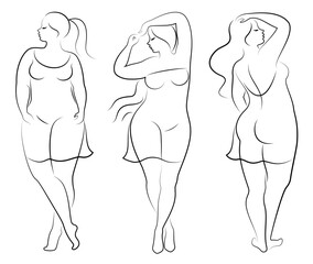Collection.Beautiful woman silhouette in modern single line continuous style. The girl is overweight. The lady is standing. Vector illustration set.