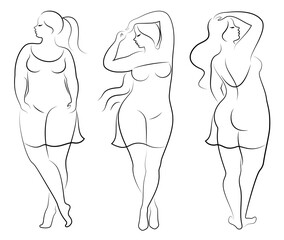 Collection.Beautiful woman silhouette in modern single line continuous style. The girl is overweight. The lady is standing. Vector illustration set.