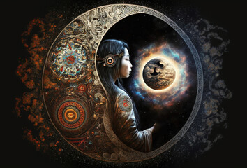 Obraz na płótnie Canvas Wise young female shaman guards the yin-yang portal of the universe. Guardians of the spiritual world. Illustration, generative art