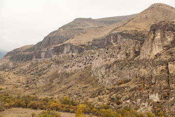 Close-up view of Vardzia caves. Vardzia is a cave monastery site in southern Georgia, excavated from the slopes of the Erusheti Mountain on the left bank of the Kura River.