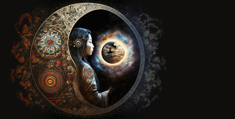 Obraz na płótnie Canvas Wise young female shaman guards the yin-yang portal of the universe. Copy space, space for your text. Guardians of the spiritual world. Illustration, generative art