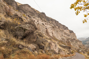 Close-up view of Vardzia caves. Vardzia is a cave monastery site in southern Georgia, excavated...