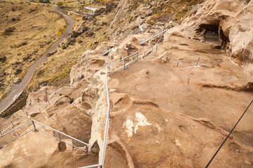 Close-up view of Vardzia caves. Vardzia is a cave monastery site in southern Georgia, excavated...