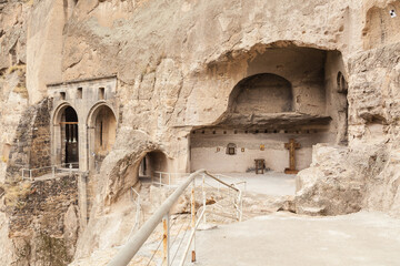 Close-up view of Vardzia caves. Vardzia is a cave monastery site in southern Georgia, excavated...