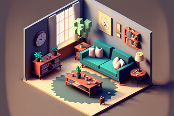 3d illustration isometric low poly living room cute design. Room includes sofa frame and other furniture (ai generated) - obrazy, fototapety, plakaty
