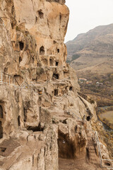 Close-up view of Vardzia caves. Vardzia is a cave monastery site in southern Georgia, excavated...