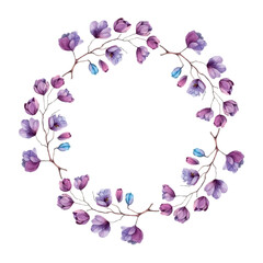 Fototapeta na wymiar Watercolor sakura wreath. Natural round frame with blossom cherry tree branches. Hand drawn japanese flowers illustration on white background