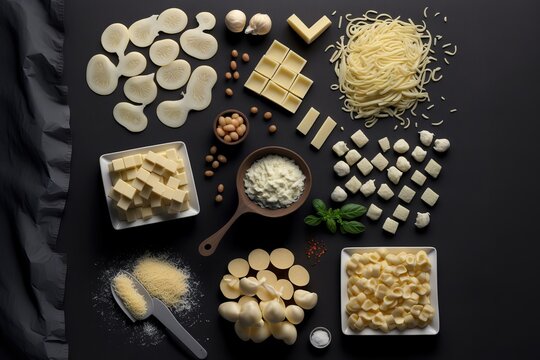 Gnocchi four cheese on black board. Knolling generated AI illustration.