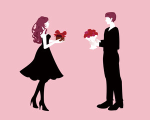 花束とプレゼントをお互いに贈る男女のカップルのシルエットイラスト。