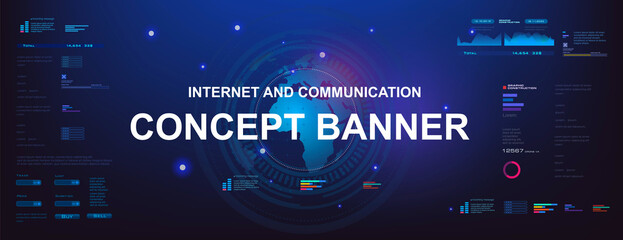 Obraz premium Internet concept banner. World Internet technologies and communications. Futuristic background with earth interface diagrams. Global world Internet network of new generation
