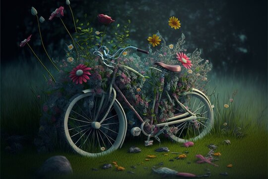 Deteriorated bicycle in the grass with flowers around it. Digital illustration AI