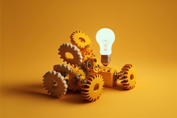 Fototapeta na wymiar Light bulb with scattered gears, yellow background. Digital illustration AI
