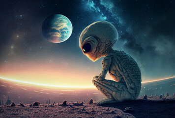 alien looking at the Earth - obrazy, fototapety, plakaty