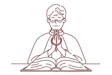 Calm priest in robe holding rosary praying with bible in church. Happy pastor pray to god in cathedral. Religion and faith. Vector illustration.  - obrazy, fototapety, plakaty