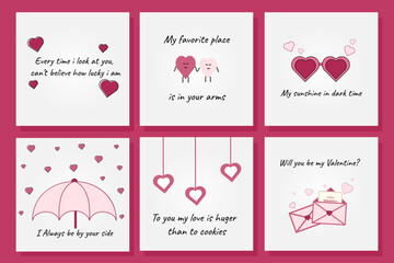 Fototapeta na wymiar A set of greeting cards with funny inscriptions for Valentine's Day