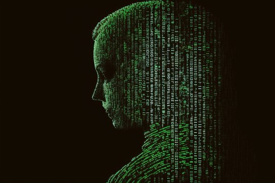 Human silhouette made from binary codes in green color. Illustration AI