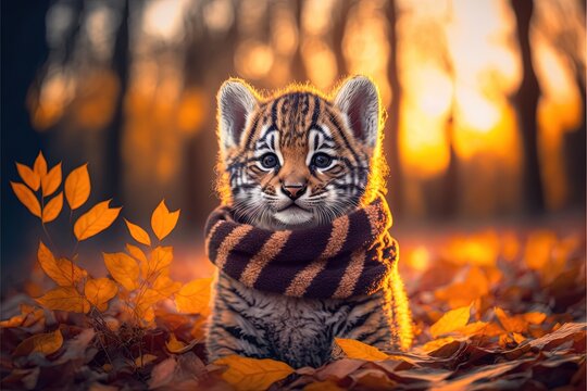  a tiger cub is sitting in the leaves of a tree in the fall time with a scarf around its neck and eyes closed, with a background of trees and leaves with oranges in.  generative