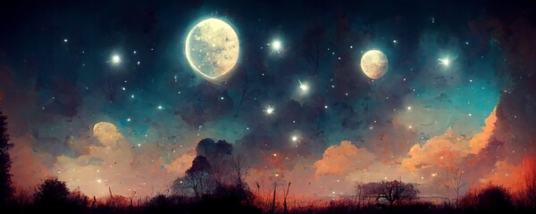 Fototapeta na wymiar Landscape with sky full of stars and moon, oil painting style. Digital illustration. AI