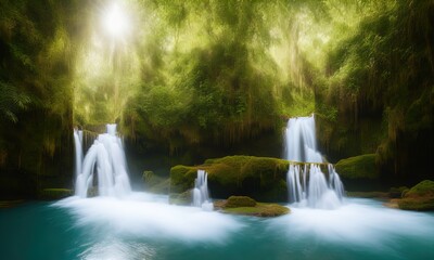 A waterfall in the middle of a jungle. 