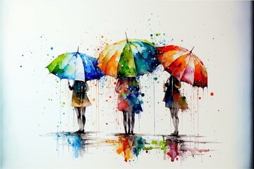 Painting of several colored umbrellas, white background. Digital illustration. AI