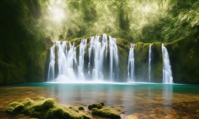 A waterfall in the middle of a jungle. 