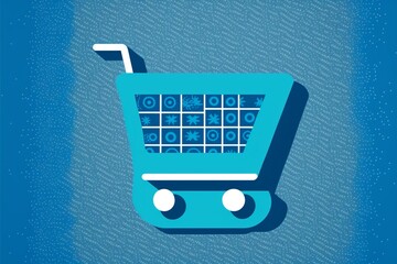 Shopping cart icon stamped on blue background. Digital illustration. AI