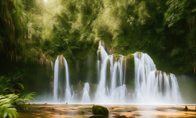 A waterfall in the middle of a jungle. 