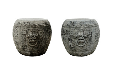 Two Granite carved antique chinese Tanggu drums isolated on white background. Set of traditional...