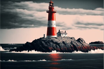 Landscape with lighthouse on the island, sea and sky with clouds. Digital illustration. AI