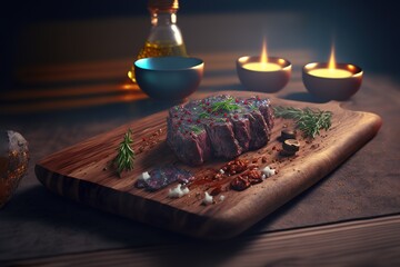 Raw steak in spices on a wooden board modern skandi style, bowls with sauce next to it