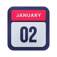 January Realistic Calendar Icon 3D Illustration Date January 02