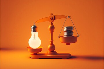 Scales with light bulb on one side and money on the other, concept of ideas and innovation, orange background. Digital illustration. AI