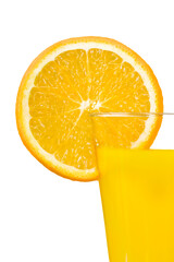 Glass of delicious orange juice on background