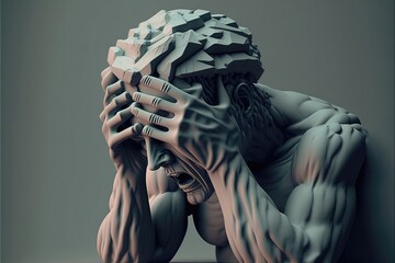 Artistic sculpture of a man with heavy headache. Generative AI - obrazy, fototapety, plakaty