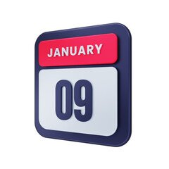 January Realistic Calendar Icon 3D Illustration Date January 09