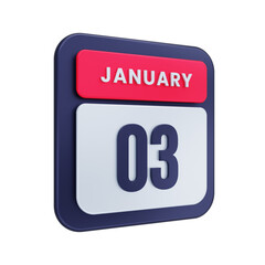 January Realistic Calendar Icon 3D Illustration Date January 03