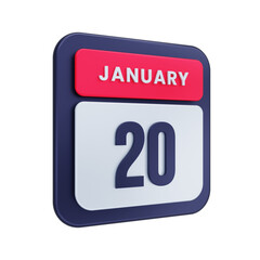 January Realistic Calendar Icon 3D Illustration Date January 20