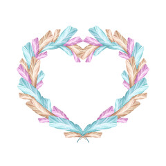 Fototapeta na wymiar Feathers in pastel colors. Festive wreath in the shape of a heart of multi-colored feathers. Watercolor illustration.