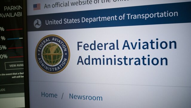 The Federal Aviation Administration FAA logo and communication on a screen. Federal aviation administration screen.