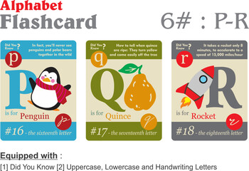 Flashcard alphabet P Q R in 3 different color with information vector