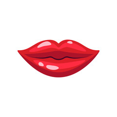 Closed lips of smiling woman with red lipstick vector illustration. Cartoon drawing of comic female mouth smiling, lip gloss. Love, desire, glamour concept