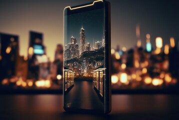 city at night and mobilephone made with generative ai