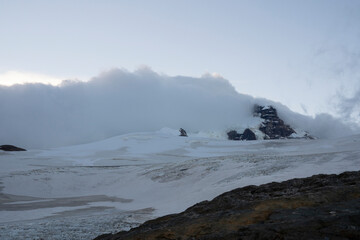 View of Tronador hill peak and glacier Castaño Overo, at sunrise. 