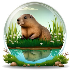Groundhog in a bubble with a pond and a reflection.