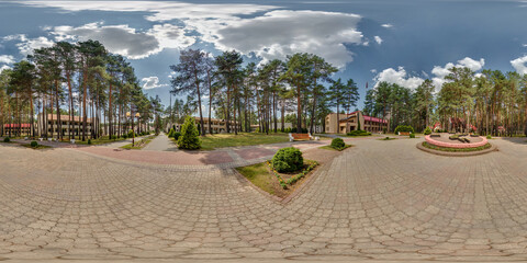 full seamless hdri 360 panorama outside vacation concrete homestead or brick country houses in...