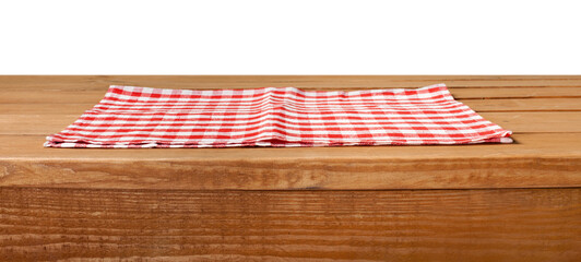 Empty wooden table with color tablecloth