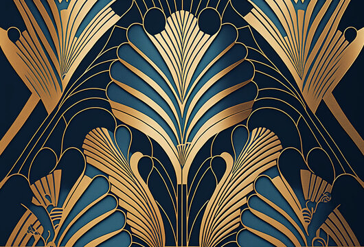 Art deco gold and blue ornate pattern background design. Generative ai