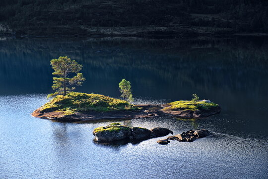 Skandinavien, Norwegen, Insel mit Bäumen im See